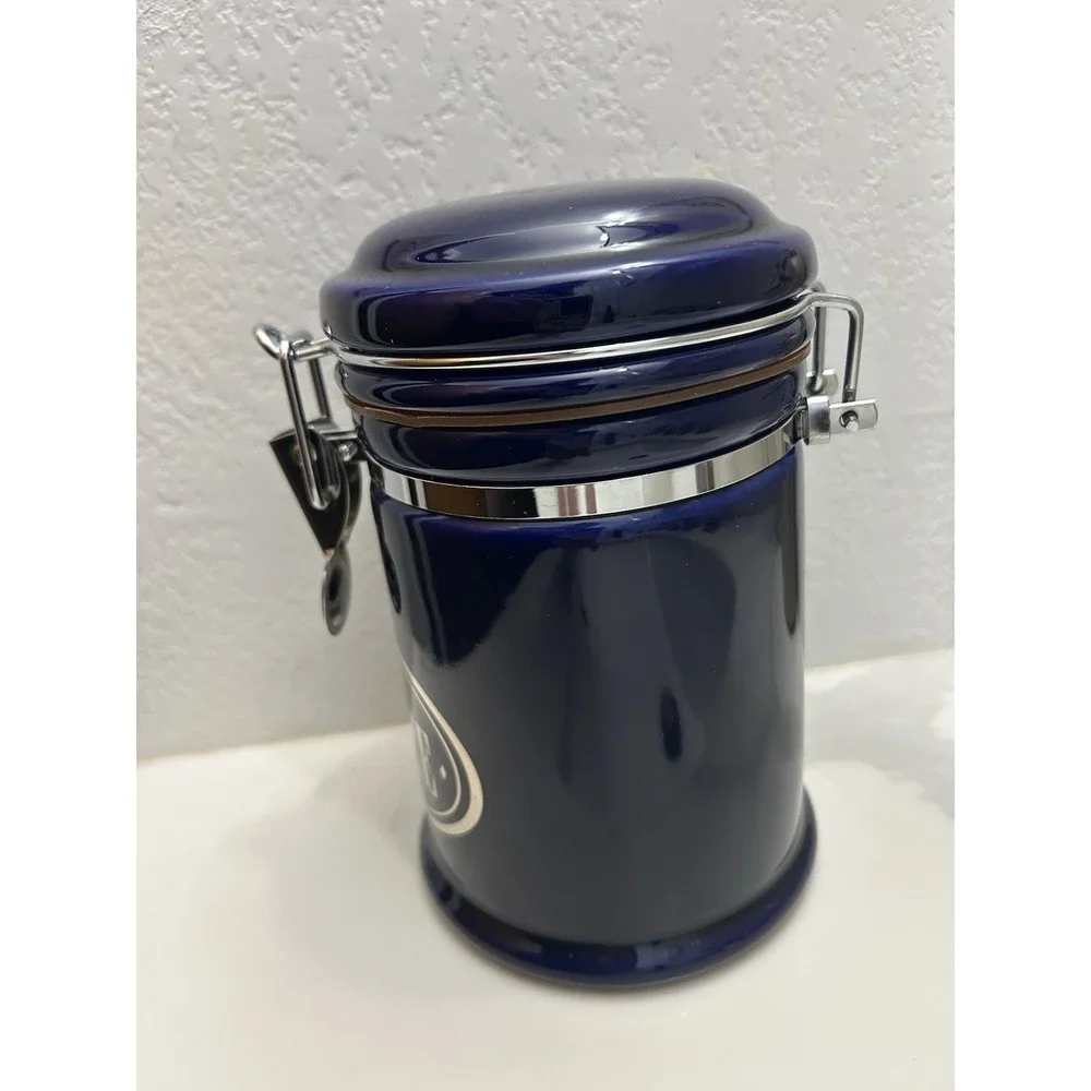 Vintage Cobalt Blue Coffee  Ceramic Canister Stainless Lock Airtight 6.75
